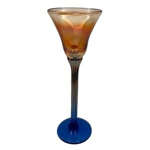 Rick Strini Art Glass Goblet Blue Stem Amber Bowl Signed Studio Glass